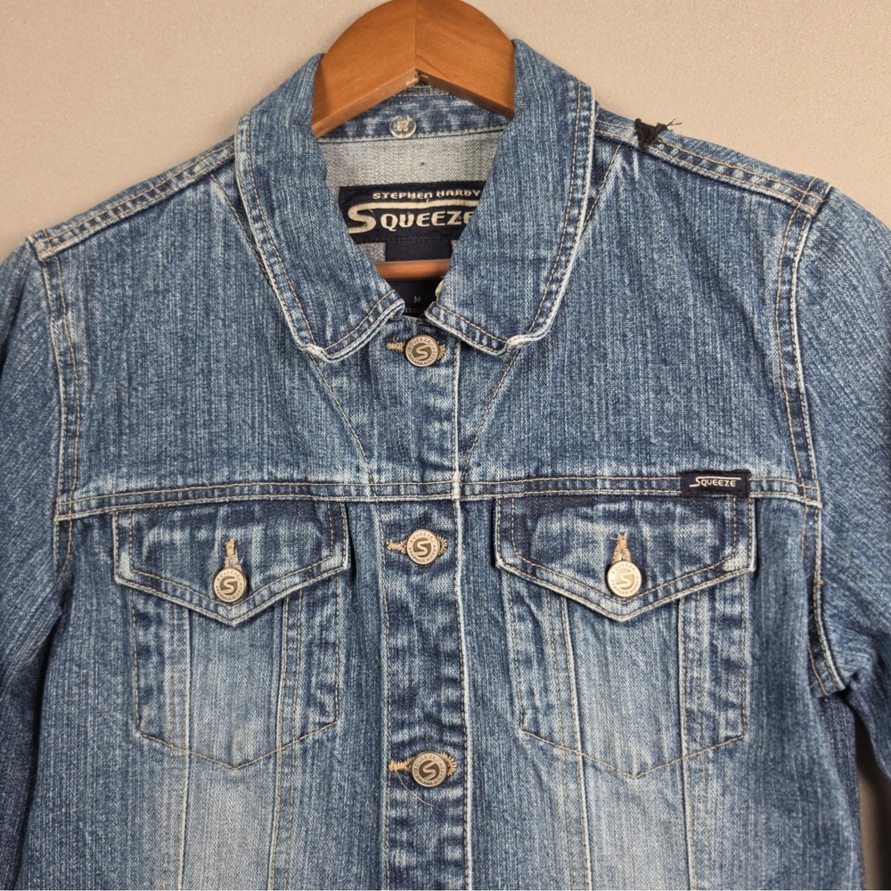 Squeeze Stephen Hardy Reworked Blue Denim Jacket Custom Rabbit Patch Womens M - Picture 4 of 9
